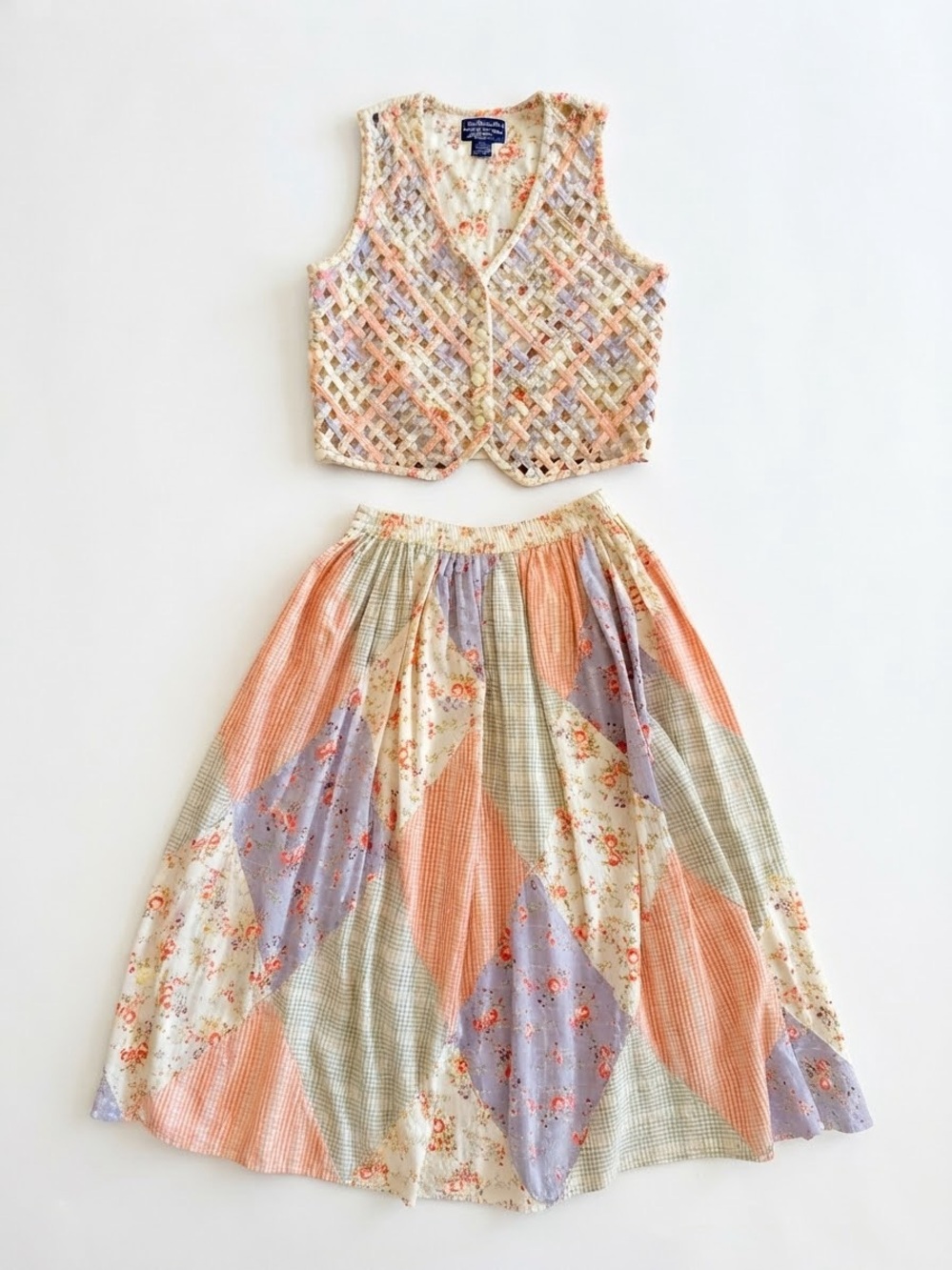 Willow Ridge vintage Peach, Lavender & Cream Floral Patchwork Skirt and Vest Set